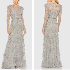 Mac Duggal 9237 High Neck Flutter Cap Long Sleeve Tiered Embellished Gown Sz 8